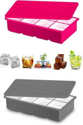 DHONI Large 2 Inch Big Square Shape Ice Cube Tray For Fridge Pink, Grey Silicone Ice Cube Tray(Pack of2)