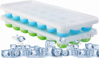 Dreamy Delights 21 Cavity Pop Up Ice Cube Trays for Freezer with Lid with Easy Release Flexible Green, Blue Silicone Ice Cube Tray(Pack of2)