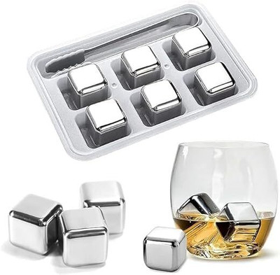 Aktnil 6Pcs Whiskey Stones Set Reusable Ice Cubes Chilling Stones with Ice Tongs Silver Steel Ice Cube Tray(Pack of6)