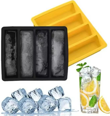 ASC ASC 4 Cavity Large Size Flexible Ice Cube Square Molds for Whiskey and Cocktails Yellow, Black Silicone Ice Cube Tray(Pack of2)