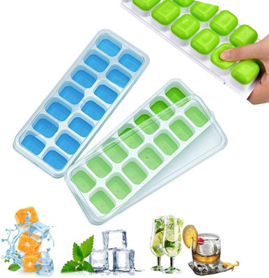 alkorez 2 Pcs Silicone Pop Up Square Ice Cube Trays for Freezer with Lid Green, Blue Silicone Ice Cube Tray(Pack of2)