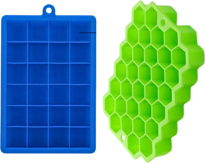 Kamview Combo of Honeycomb and Square shape Flexible Silicone ice cube trays Green, Blue Silicone Ice Cube Tray(Pack of2)