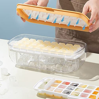 SKOFRI Pop Ice Cube Tray with Lid Bin and Scoop Ice Cubes Molds with Storage Box Beige Plastic Ice Cube Tray(Pack of1)