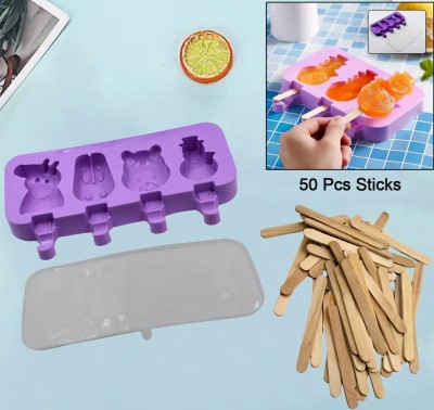 DeeKay SILICONE ICE CREAM POP MOLDS 4 CAVITIES WITH LIDS 50 PACK STICKS Purple Silicone Ice Cube Tray(Pack of2)