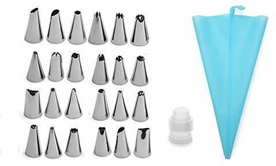 SYGA Set Of 24 Russian Nozzles Cake Nozzles Cake Decoration Pastry Nozzle With Coupler and 10 Icing Bag Kitchen Tool Set(Silver, Baking Tools)
