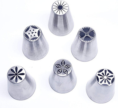 SRC Cake Decorating 6 Pcs Russian Nozzle Set for Cake Making Tools Steel Multi-opening Icing Nozzle(Silver Pack of 6)