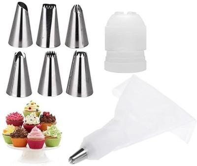 SRC Cake Decorating Set, Frosting, Piping Bag using Scissors Nozzles Steel, Plastic Steel, Plastic Multi-opening Icing Nozzle(Silver Pack of 6)