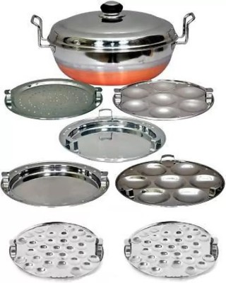 IM ENTERPRISE All-in-One Stainless Steel Idli Cooker Multi Kadai Steamer with Copper Bottom, Big Size with 7 Plates 2Idli; 2 Dhokla; 1 Patra; 2 Mini idli plate Induction & Standard Idli Maker(7 Plates , 14 Idlis )