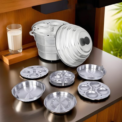 KUBER INDUSTRIES Aluminium Idli Maker Cooker With 4 Plates+ 3 Plates Steamers (2 Dhokla Plate + 1 Patra Plate) , 9.5 Diameter (Idco02) Induction & Standard Idli Maker(4 Plates , 11 Idlis )