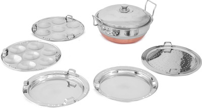 WAYMORE All-in-One Steel Cooker Multi Kadai Steamer with Copper Bottom with 5Plates Standard Idli Maker(5 Plates , 14 Idlis )