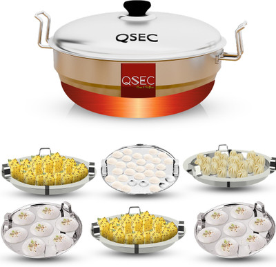 QSEC Stainless Steel Idli Cooker Steamer with Copper Bottom All-in-One Big Size Standard Idli Maker(6 Plates , 14 Idlis )