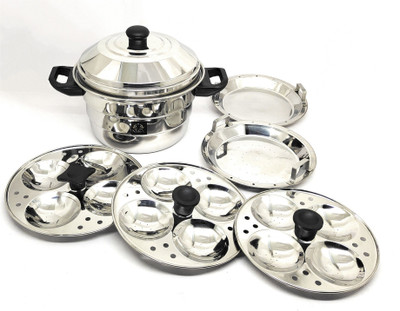 Nyra Stainless Steel Idly Cooker Induction Base 3 Idly Plates & 2 Steamer Plates Standard Idli Maker(5 Plates , 12 Idlis )