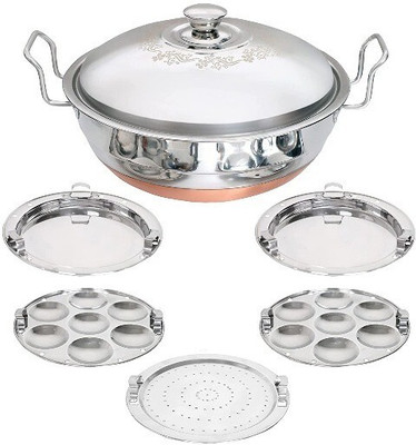 WAYMORE Stainless Steel Idli Cooker Multi Kadai Steamer with Copper Bottom All-in-One Big Size 5 Plate 2 Idli | 2 Dhokla | 1 Patra | Momo's | 28.5 cm Dia) (Copper Bottom) Standard Idli Maker(5 Plates , 14 Idlis )