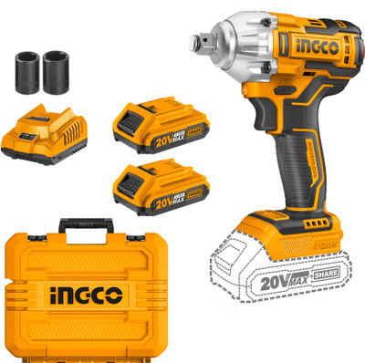 INGCO 20V Brushless Motor Lithium-ion Impact Wrench with 2 Batteries and Charger Cordless Impact Wrench(1/2 inch)
