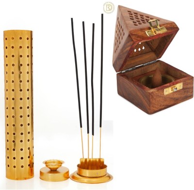 DigiRake Dhoop + Agarbatti Stand (Gold Colour) Combo, Sambrani Holder, SS Agarbatti Stand Wooden, Stainless Steel Incense Holder Set(Brown, Gold)