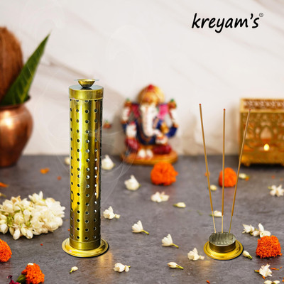 Kreyam's Incense Stick Agarbatti Stand With Ash Catcher & Dhoop Holder Stainless Steel Incense Holder(Gold)