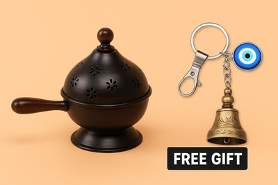 growys Round Metal Dhoop Dani Loban Burner with Wooden Handle Iron Incense Holder Iron, Wooden Incense Holder(Black)