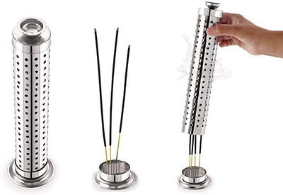 SHRIKHATUSHYAM Agarbatti Stand with Ash Catcher for Puja Ghar,Dhupbatti Stand For Home,Office Stainless Steel Incense Holder(Silver, Pack of 2)