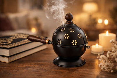 Samy Collectibles Curated With love Metal Dhoop Dani Loban Burner for Home Office Temple Puja(Round) Iron, Wooden Incense Holder(Black)