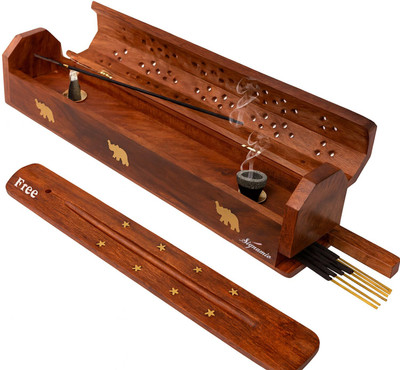 Signamio 2pcs Wooden Sambrani Agarbatti Incense Stick Stand with Extra Ash Catcher Wooden Incense Holder(Brown, Pack of 2)