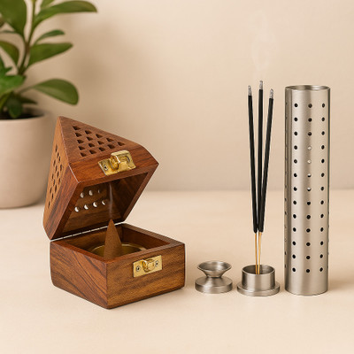 DigiRake Dhoop Stand + Agarbatti Stand (Combo 2 in 1) Wooden, Stainless Steel Incense Holder Set(Brown, Steel)