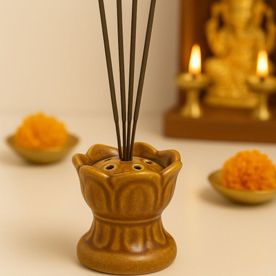 GiftzLane Lotus Style Dhupdani Ceramic Incense Holder(Brown)