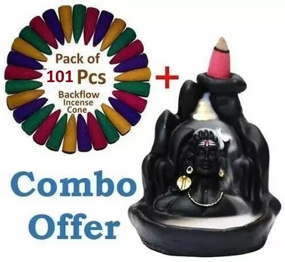 reeldot Lord Adiyogi Shiva Backflow Idol Statue Pack of 1 With Free 101 Cones Decorative Showpiece  -  11 cm(Marble, Grey)