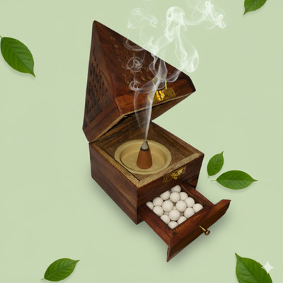 Finest Goods Traditional Indian Handcrafted Sheesham Wood Pyramid Lobaan Daan, with Mini Drawer Wooden Incense Holder(Brown)