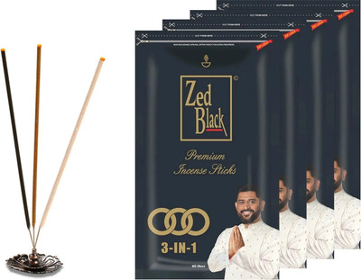 Zed Black 3 In 1 Premium incense Sticks - Natural fragrance sticks for Refreshing and Alluring Environment - Pack of 4 Refreshing(114 Units, Set of 4)