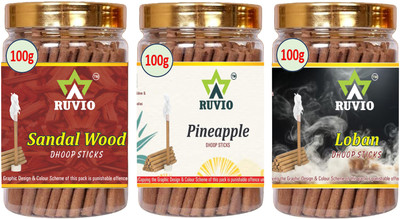 RUVIO Sandal Wood, Pineapple & Loban Incense Stick 100g Pack Of 3 Sandal Wood, Pineapple & Loban(300 g, Set of 3)