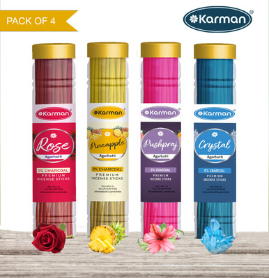 Karman PREMIUM GULAB,PUSHPARAJ,PINEAPPLE,CRYSTEL Agarbatti Jar (4×100)400gm. Four Deferent Fragrance (240 sticks)incense stick Pooja Items(240 Units, Set of 4)