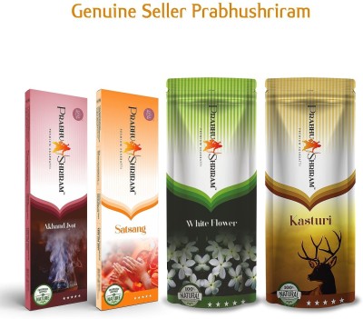 PRABHU SHRIRAM Festive Pack : Akhand jyot Agrbatti 90gm,Satsang Agarbatti 90gm , White Flower 120gm Zipper Pouch,Kasturi 120gm Zipper Pouch- Pack of 4 (280 Units) Nature Inspired Fragrance(60, Set of 4)