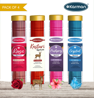 Karman PREMIUM GULAB,KASTURI,PUSHPARAJ,CRYSTEL Agarbatti Jar (4×100)400gm. Four Deferent Fragrance (240 sticks)incense stick Pooja Items(240 Units, Set of 4)