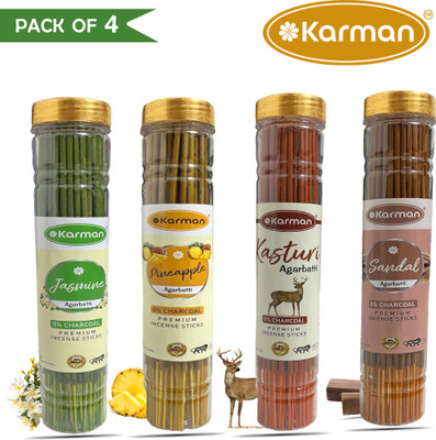 Karman Premium Mesmerizing Scent Incense Stick For Puja Meditation Chandan,Mogra,Kasturi,Pineapple agarbatti sticks pooja items 400Gm(100 g, Set of 4)