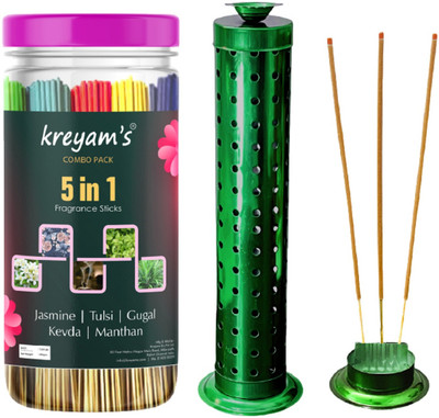 Kreyam's Incense Stick and Incense Holder Combo For Pooja Purpose Jasmine,Tulsi,Gugal,Kevda,Manthan(225 Units, Set of 2)