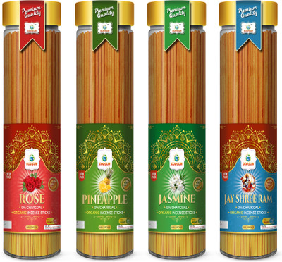GODSUN Rose, Pineapple, Jasmine, Jay Shree Ram Agarbatti Jar (4×100)400gm. Incense sticks(4 Units, Set of 4)