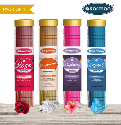 Karman PREMIUM GULAB,KAPOOR,PUSHPRAJ,CRYSTEL Agarbatti Jar (4×100)400gm. Four Deferent Fragrance (240 sticks)incense stick Pooja Items(240 Units, Set of 4)