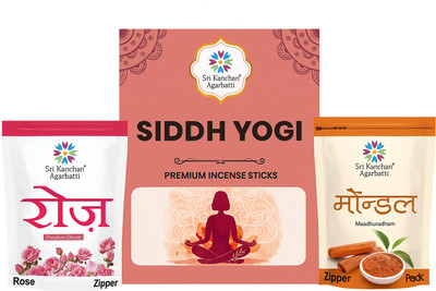 SRI KANCHAN AGARBATTI Siddh Yogi Premium Agarbatti Combo Pack (12 Dibbi + 2 Free Zipper Dhoopbatti) ROSE , PINEAPPLE,SWEET(3 Units, Set of 1)