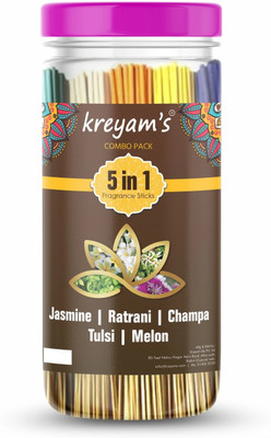 Kreyam's Agarbatti Combo Pack 5 in 1 Incense sticks Jasmine, Ratrani, Champa, Tulsi, Melon 225 Sticks For Pooja Items(225 Units, Set of 1)
