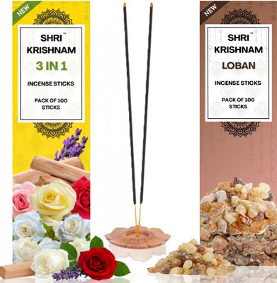 Shri Krishnam 3 IN 1 & LOBAN Agarbatti | Pack of 200 stick | Pooja and Spiritual use , 3 IN 1 ( ROSE, LAVENDER & JASMINE ), LOBAN(340 g, Set of 2)