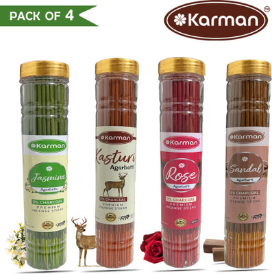 Karman Multi Fregrances and premium collection Incense Stick Combo Agarbatti Mogra,Kasturi,Rose,Chandan 240 Incense Sticks Pooja Items 400Gm(100 g, Set of 4)