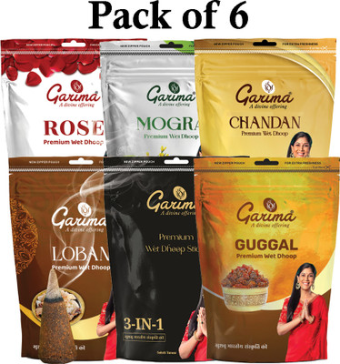 Garima Zipper Premium Wet Dhoop Pack of 6 Rose, Mogra, Chandan, Loban, Guggal, 3-in-1(6 Units, Set of 6)
