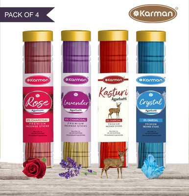 Karman PREMIUM GULAB,CRYSTEL,LAVENDER,KASTURI Agarbatti Jar (4×100)400gm. Four Deferent Fragrance (240 sticks) incense stick Pooja Items(240 Units, Set of 4)