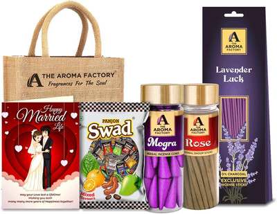 The Aroma Factory Happy Married Life Gift for Marriage (Swad Mix25 Candy,Rose Dhoop,Mogra cone,Lavender 30Sticks,GreetingCard& jutBag)(30 g, Set of 4)