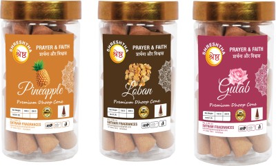 SHRESHTHA LUXURY PREMIUM ROSE LOBAN PINEAPPLE DRY DHOOP CONE (100GMSX3)300GMS JAR GULAB, LOBAN, PINEAPPLE(300, Set of 3)