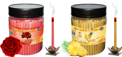 Shankh Rose & Pineapple Dhoop Stick (Incense Stick) Pack of 400 gram (200 + 200) Fragrances Pineapple, Rose(200 g, Set of 2)