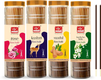 YOG MANTRA Mix Premium Flora Jar Incense sticks(90gm)- Pack of 4 Rose, Kasturi, Sandal, Kaccha Bela(360 g, Set of 4)