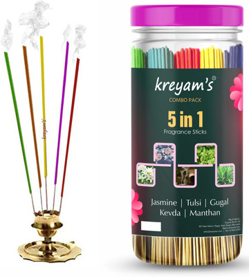 Kreyam's Nature smells Incense Stick For Puja Meditation And Negative Energy remover Agarbatti Jasmin, Tulsi, Gugal, Kevda, Manthan Pooja Items(225 Units, Set of 1)