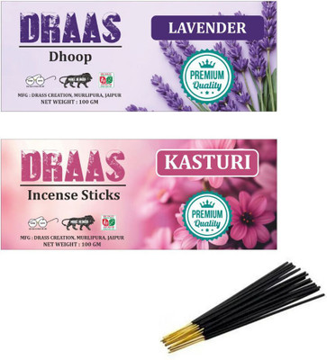 draas Combo Pack Kasturi Sticks + Lavender Dhoop | Natural Long-Lasting Aroma Kasturi, Lavender(200 g, Set of 2)