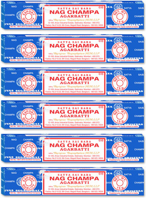 Satya Sai Baba Nagchampa Incense (Pack of 6) Champa Flower, Handrolled Masala, Patchouli, Strong, Long Lasting(6 Units, Set of 6)